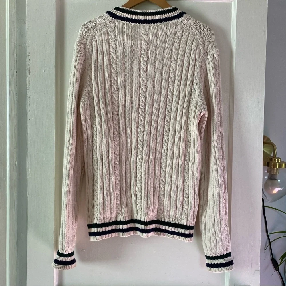 J. Crew Cream Cable-Knit V-Neck Sweater with Navy & Forest Stripes